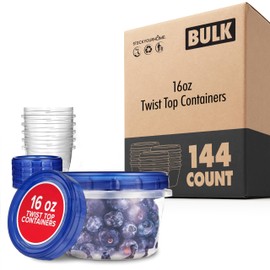 Stock Your Home 16oz Plastic Containers with Twist Top Lids (144 Pack) – 2-Cup Freezer Containers for Leftovers, Airtight Reusable Soup Storage, Microwave & Dishwasher Safe