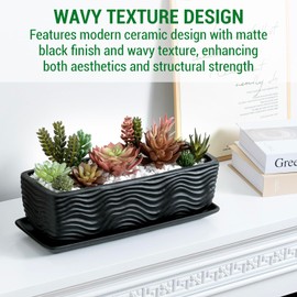 MyGift 12.5 inch Ceramic Planter, Modern Textured Rectangular Succulent Flower Plant Pot with Wave Design and Removable Drip Tray Saucer (Black)