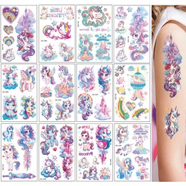 Nurila 12 Sheets Glitter Unicorn Tattoos, Unicorn Tattoos Decoration Children's Birthday Party for Children, Skin-Friendly, Temporary for Girls, Party Bags, Children's Birthday Gifts for First Day of