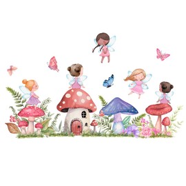 SUPERDANT Fairy Mushroom Wall Decals Watercolor Butterfly Elf Wall Art Stickers Flower Grass Wall Stickers for Girls Bedroom Nursery Classroom Wall Decor Forest Aesthetic Boho Art