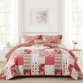 Anibedding 3Pieces Patchwork Quilts Queen Size, Bohemian Red Flower Plaid Bedspreads with Double Pillowcases for All Season