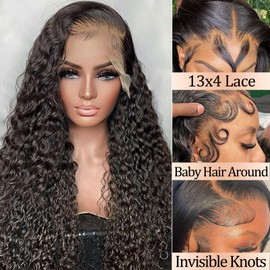 Aonou 13x4 Deep Wave Lace Front Wigs Human Hair 180 Density Short Curly Human Hair Wigs for Women Gluless Wigs Human Hair Pre Plucked Bleached Knots With Baby Hair Natural Hairline (18 Inch)