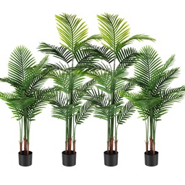 Jexine 4 Pack Artificial Areca Palm Plant Fake Palm Tree, Faux Plant for Home Decor Indoor Outdoor Faux Areca Palm Tree in Pot for Home Office Housewarming Gift Modern Decoration (4 Feet,5 Feet)