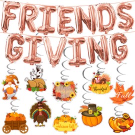 Friendsgiving Decorations, Thanksgiving Decorations For Home, Rose Gold Letter Balloons Premium Mylar Foil FriendsGiving Banner FriendsGiving Party Decorations Thanksgiving Decor
