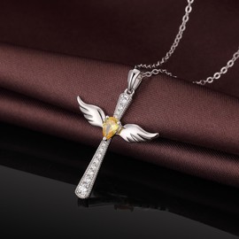 JiaYang Sterling Silver Cross Angel Necklace for Women 12 Birthstone Colour Guardian Angel Pendant Cross Necklace Jesus Christian Jewellery, Sterling Silver