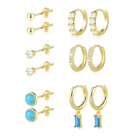 6 Pairs 14K Gold Plated Sterling Silver Hoop and Stud Earrings Set Tiny Cartilage Earring Cubic Zirconia Opal Small Huggie Earrings Hypoallergenic Stud Earring for Women Girls