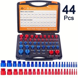44Pcs Alloy Nut and Bolt Thread Inspector, Charge-Free Thread Gauge, Metric and SAE Size Identification Tool for Inspection of Fixed Bolts or Threaded Holes, Multi-Size Nut and Bolt Identifier with Ruler - Durable, Washable Aluminum Gauge:_44pcs Red-Blue
