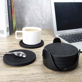 6 Pack Silicone Coasters Set with Holder - for Hot/Cold Beverages, 2-Sided Non-Slip Drink Pads, Felt Backed Protects Furniture, Includes Storage Tray (Black)