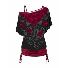 DRESSFO Women's Skull and Slogan Print Oblique Shoulder T Shirt and Cinched Ruched Tank Top Set (Wine/Large)