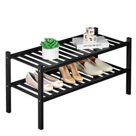 ROMGUAR CRAFT 2 Tier Bamboo Shoe Rack for Closet Free Standing Wood Shoe Shelf for Entryway Small Space Stackable 27"x11"x13" (Black)