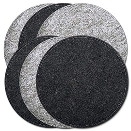 Border Stitching Round Dual-Color Felt Reversible Placemat (Black/Gray), Set of 6 Placemats