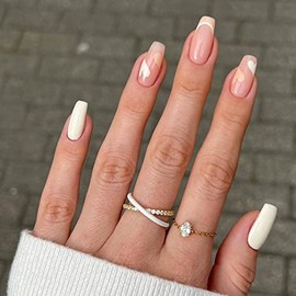 JUSTOTRY Pack of 24 White French Nails for Sticking, Medium Motif, Glossy Square Press On Nails, Flowers Artificial Nails, Square Fingernails, Fake Nails, Medium for Women Nails Art