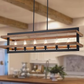 Yidelloc Farmhouse Dining Room Light Fixtures Rectangle Chandeliers Kitchen Island Lighting Vintage Pendant Lights Fixture 6-Lights Wood Grain Iron Chandelier for Dining Room Living Room Kitchen