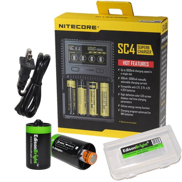 NITECORE SC4 Universal Smart 4 Slot Battery Charger Bundle with EdisonBright BBX3 Battery Box and 2 X EdisonBright AA to D Type Battery Spacer/Converters