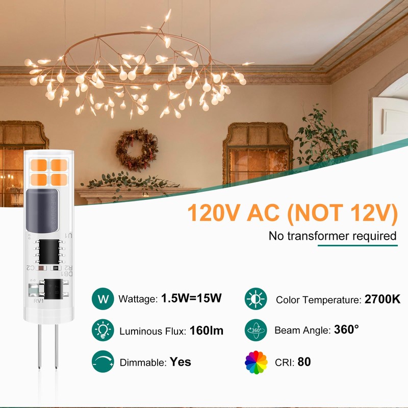 DiCUNO G4 LED Bulb Dimmable, 120V, G4 Bi-Pin Base Light