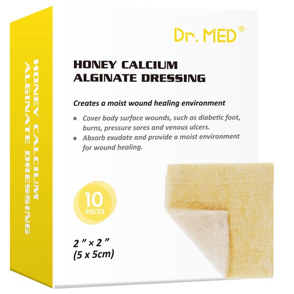 Dr. Med Manuka Honey Calcium Alginate Dressing, 2"x 2" Wound Dressing Patches Bandages for Burns, Faster Wound Care (10 PCS/Box)