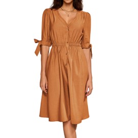 Ystguic Women's V-Neck Button Front Casual Linen Blend Vacation Dress with Pockets with Tie Sleeves & Elastic Waist A-Line Mid Length Dresses Large 026 Brown L