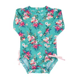 RuffleButts Baby Girls UPF 50+ Sun Protection Floral Printed Long Sleeve One Piece Rash Guard Swimsuit with Zipper - Fancy Me Floral, 2T