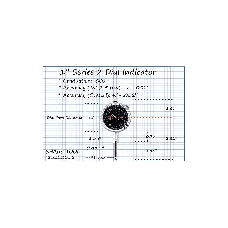 Shars 1 Inch High Precision Dial Indicator, Black Face, .001"
