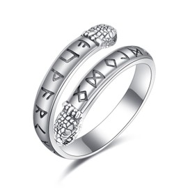 Viking Snake Ring 925 Sterling Sliver Adjustable Nordic Viking Runes Arrow Ring Vegvisir Compass Viking Jewellery Protection Ring for Men Women
