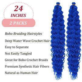 Blue Deep Wave Braiding Hair Water Ocean Wave Crochet Hair Blue Curly Wavy Braiding Hair Pre Stretched 24 Inch 2 Packs Boho Curls Hair for Braiding Synthetic Bohemian Crochet Braids