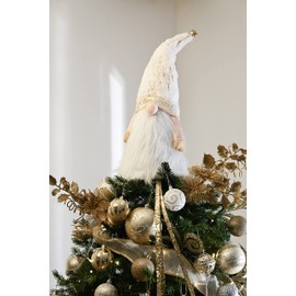 Valery Madelyn Lighted Christmas Tree Topper Gnome with Timer, 16.5 White and Gold Fabric Cute Santa Gnome Tree Topper with LED Lights for Party Ornaments Christmas Decoration Indoor, Battery Operated