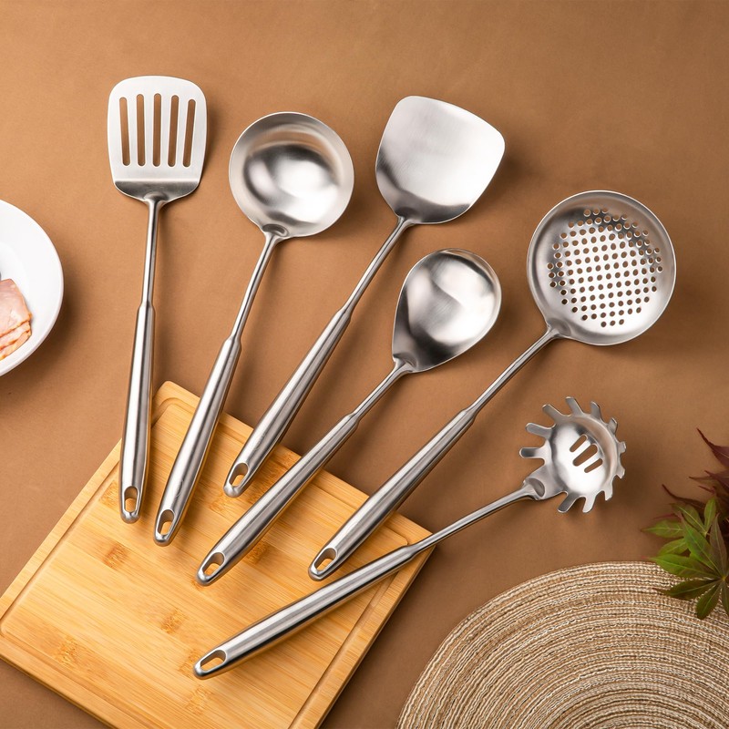 FJNATINH 6-Pieces 304 Stainless Steel Wok Spatula Set,Cooking Utensil Set,Soup