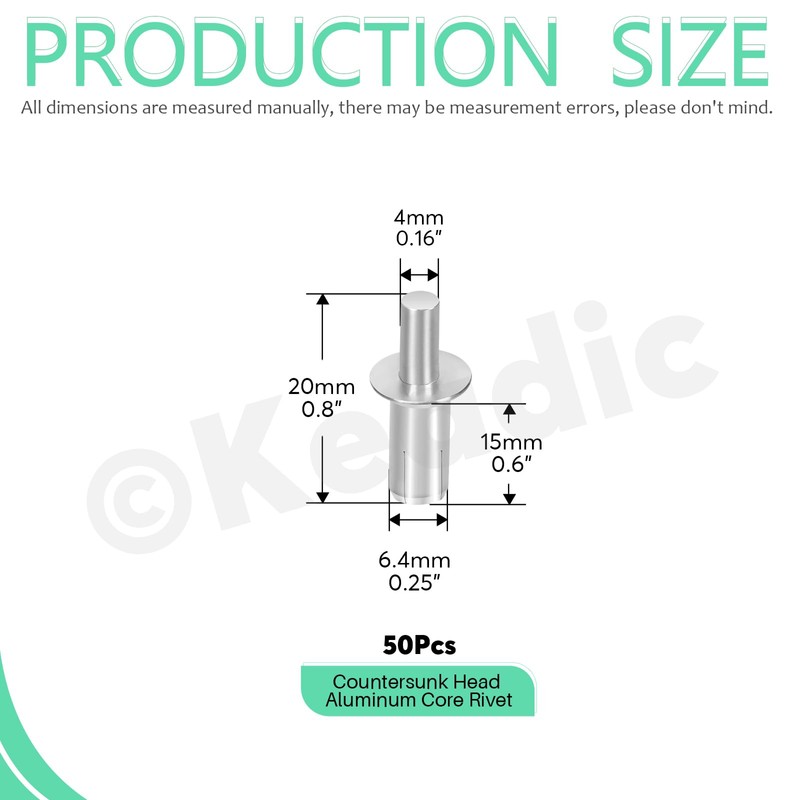 Keadic 50Pcs M6.4 * 15 Countersunk Aluminum Core Rivets with