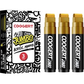 Coogert 3Pcs Gold Jumbo Poster Markers, 15MM Thick Permanent Acrylic Graffiti Markers, Wide Tip Paint Marker for Canvas, Posters Board, Fabric, Window, Glass, Wood, Teachers,Banner painting supplies