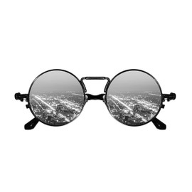FonCé Donnie Retro round Vintage Steampunk Style Sunglasses UV400 eyewear Unisex for Men and Women (Black on Silver)