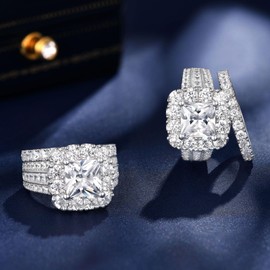 SHELOVES 925 Sterling Silver Bridal Ring Sets for Women Princess Cubic Zirconia Engagement Wedding Rings Set Fake Diamond Sz J 1/2