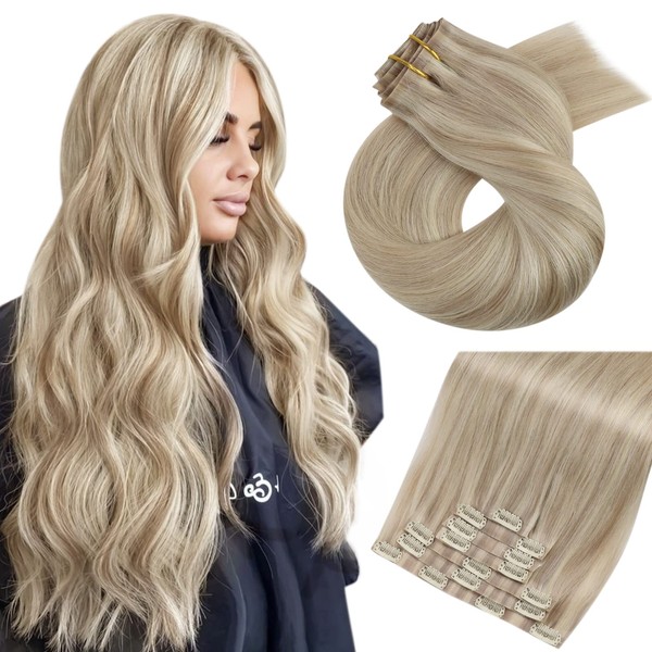 Moresoo Seamless Clip-In Human Hair Extensions 120 g, 50 cm Full Head Remy Seamless Extensions Real Hair Clip-In Hair Extensions Clips Real Hair Ash Blonde with Blonde 7 Pieces Real Hair Extensions Clip