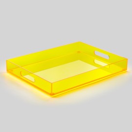 ATZYmolin 16"x12" Large Acrylic Serving Tray Decorative Ottoman Coffee Table Vanity Tray Tea Fruit Platter Snack Appetizer Dessert Drink with Handles for Bar Kitchen Party, Neon Yellow