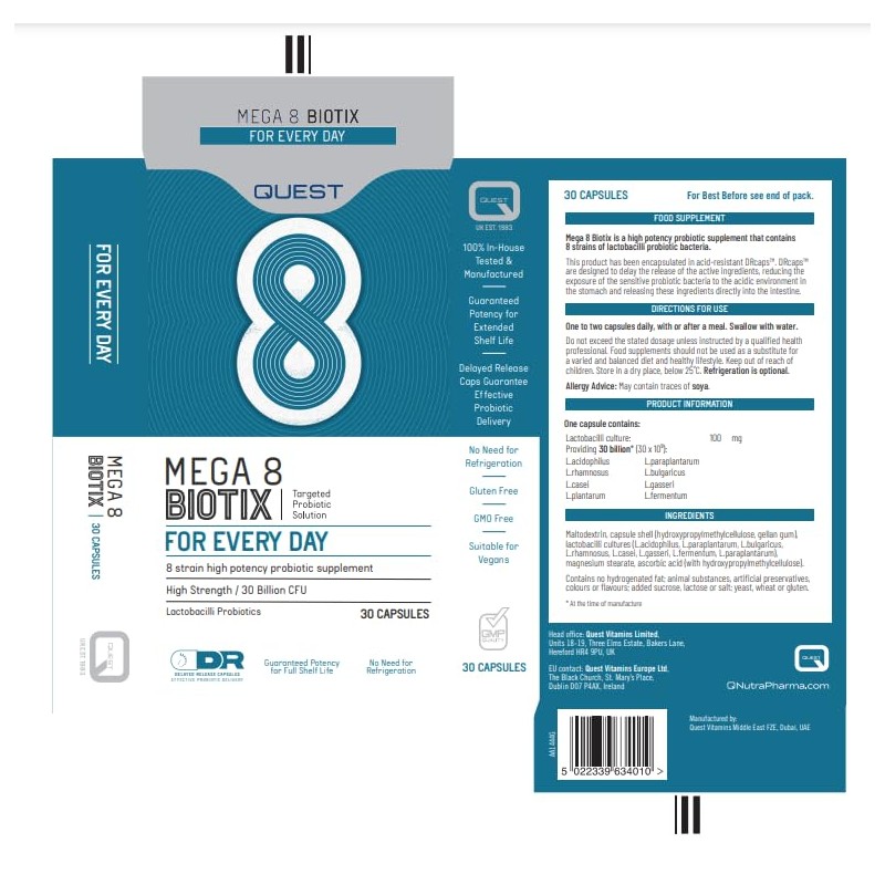 Quest Mega 8 Biotix Probiotic Capsules 30 Billion CFU for
