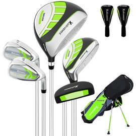 6 Pieces Junior Golf Clubs Set for Kids Ages 11-13, Youth Golf Clubs 6-8 9-12, Complete Kids Golf Club Set with Driver, Hybrid, Irons, Putter, Stand Bag, Lightweight for Boys Girls, Green