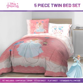 Jay Franco Kids Comforter Set Includes Sheets and Pillow Covers - Soft and Cozy Bed Set for Stylish Room Decor, Pink - Princess Cinderella, 5 Piece Twin Size Bedding