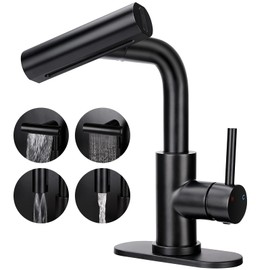 Bietor Bathroom Sink Faucet with 4 Mode Pull Down Sprayer, Matte Black Single Handle Pull Out Faucet with Pop-Up Drain, 1 or 3 Hole Laundry Bar Basin Faucet with Deck Plate