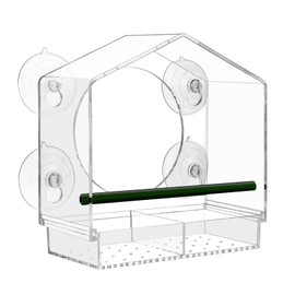 Suekiria Acrylic Window Bird Feeder with 4 Strong Suction Cups, Clear and Transparent Bird House, Removable Food Tray with Drain Holes, Easy Install and Clean for Backyard and Viewing