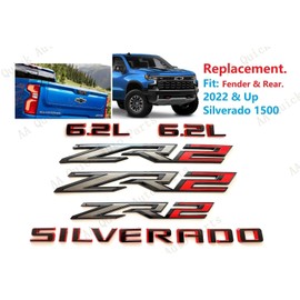 6PCS ZR2 6.2L Silverado Emblems 3D Badge Fender Rear Letter Nameplate Sticker Replacement for 2022 2023 2024 Silverado 1500 (Black Red)