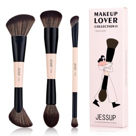 Jessup Brochas de Maquillaje Facial, 3pcs Juego Brochas Maquillaje Doble Punta para Base, Contorno, Rubor, Resaltador y Polvo,Sintéticas de Pinceles Maquillaje Facial, Peach Dust T508
