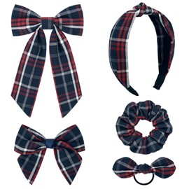 DEEKA 5 Styles Uniform Plaid Long Tail Hair Bows Knotted Headband Scrunchies Bow Set Alligator Clips Back to School Accessories for Toddler Little School Girls (Dark Navy&Red 5 Styles)