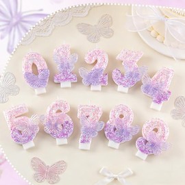 Vela de cumpleaños número 9 con purpurina y decoración de mariposa morada, decoración de pastel rosa brillante para niños y niñas, decoración de fiest