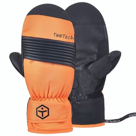 TaoTech Mittens Gathered Snowboard Gloves with Wrist Guard Men's Women's Ski Gloves with Protector Waterproof 5 Finger Inner (L, Gathered/Orange)