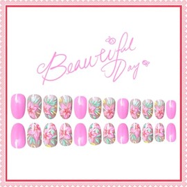 Uñas postizas cortas redondas con diseño de flores rosas, acrílicas, de cobertura total, adhesivas para mujer, brillantes, reutilizables, kit de 24 pi