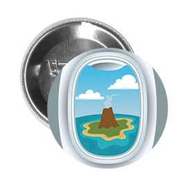 Round Pinback Button Brooch Pretty Tropical Island Volcano Airplane Window View Cartoon (Normal, 1.5" Inch)