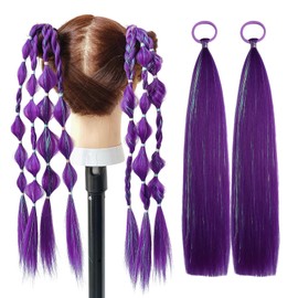 Kpop Purple Hair Extensions for Braids Purple Ponytail Extension Tie in 2 Packs, 16 inch Crazy Hair Day Accessories for Women, DIY Festival Wacky Rave Braids for Fun Spirit Week