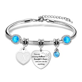 Tibond Inspirational Bracelets Initial Letter Bracelet You are Amazing Brilliant Beautiful & Brave for Girls Women, Charm Blue Birthstone Bracelet Gifts for Birthday Christmas Graduation Gifts (N)