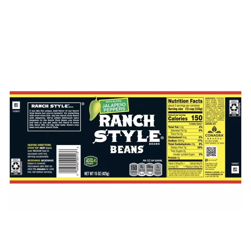 Ranch Style Pinto Beans with Sliced Jalapeño’s 15oz Cans (Pack