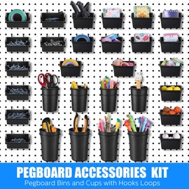 64 Pieces Pegboard Bins Pegboard Cups with Hooks and Loops Peg Hooks Assortment Organizer Accessory for Organizing Accessories Tools Storage Office Workshop Garage Workbench (Black)