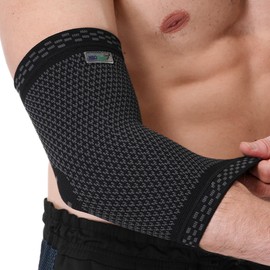 NEOtech Care - Fascia di supporto per gomito - tessuto a maglia in fibra di bambù 3D - Leggero, elastico e traspirante - per golf, tennis, sport - braccio destro o sinistro (Nero, M, 1 Pezzo)